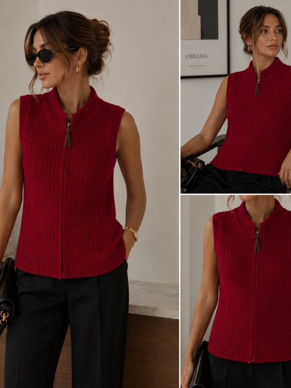 Tribal Sweater Vest Womens M Red Cotton Full‎ Zip Front Pockets Sleeveless